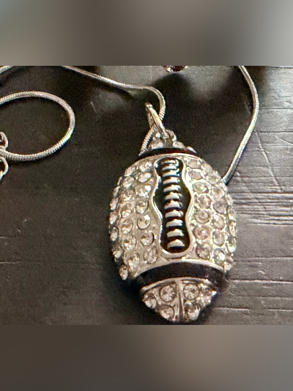 Silver Black Football Charm Pendant Necklace White Crystal Pavé Snake Chain